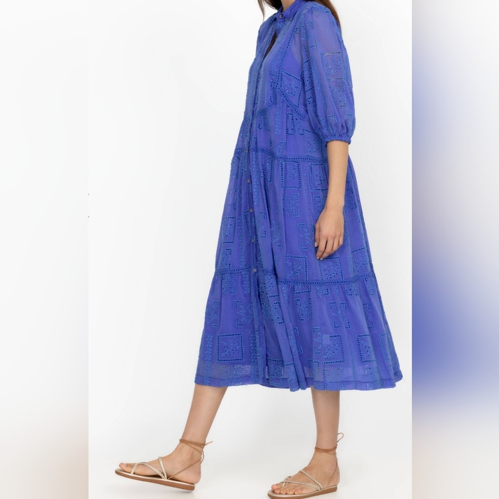 Johnny Was Blue Midi Sundress with Tiered Skirt and 3/4 Bishop Sleeves - Picture 2 of 12